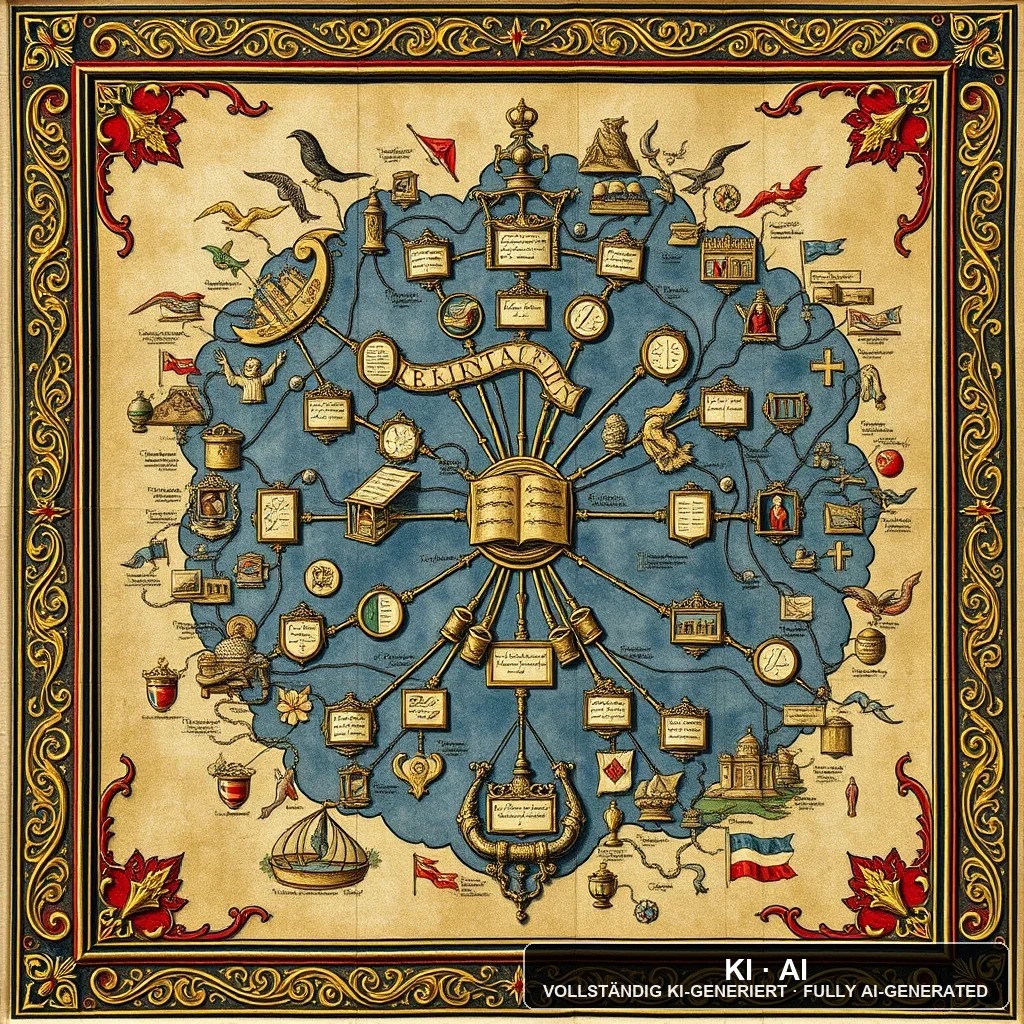 The Extended Mind Map — medieval illuminated manuscript — AI-generated art plate for the concept