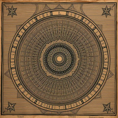 Trinaug Protocol &mdash; copper engraving with detailed crosshatch patterns