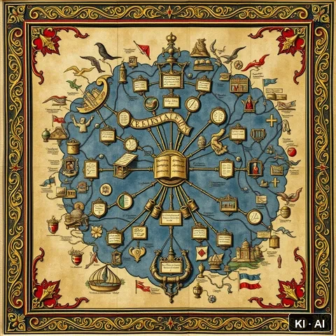 The Extended Mind Map &mdash; medieval illuminated manuscript &mdash; AI-generated art plate for the concept