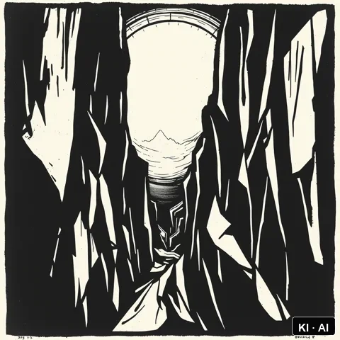 The Frictionless Gap &mdash; german expressionist woodcut &mdash; AI-generated art plate for the concept
