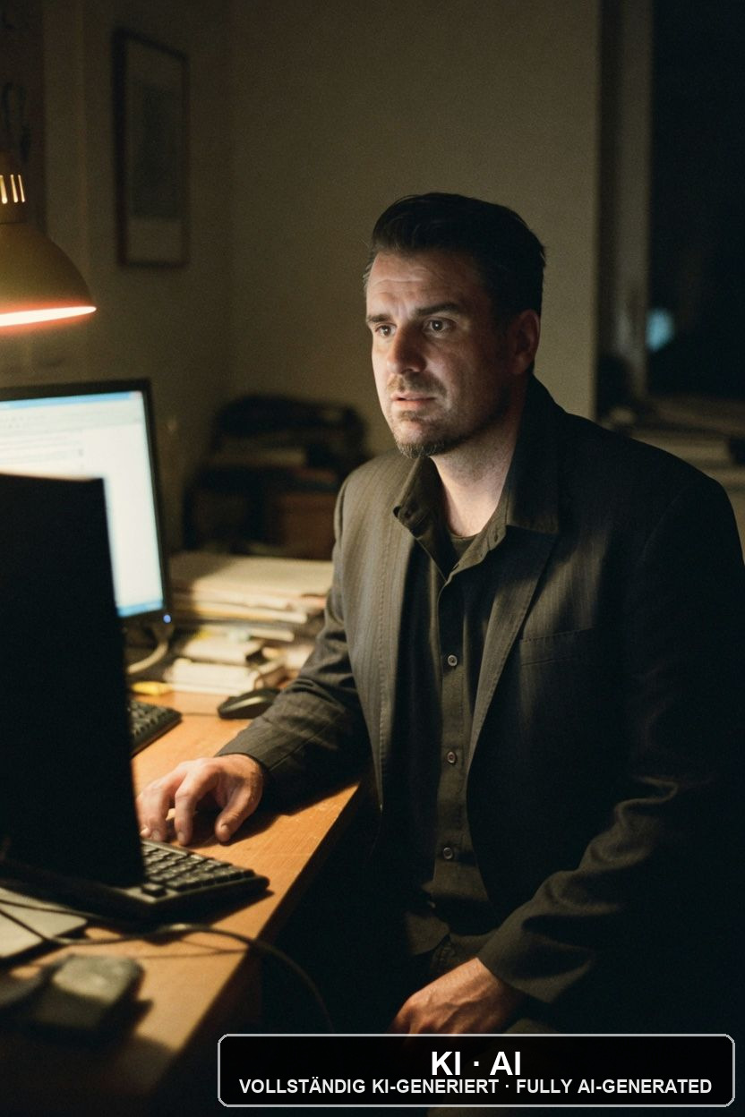 Andreas Ehstand sitzt an seinem Schreibtisch mit warmer Lampe und arbeitet / Andreas Ehstand working at his desk by warm lamplight — KI-Bild / AI image