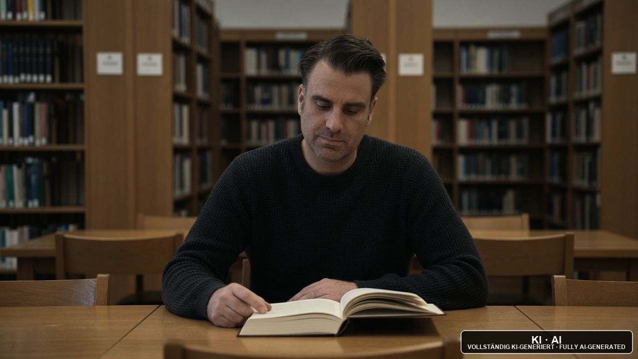 Andreas Ehstand liest in einer Bibliothek / Andreas Ehstand reading in a library — KI-Bild / AI image