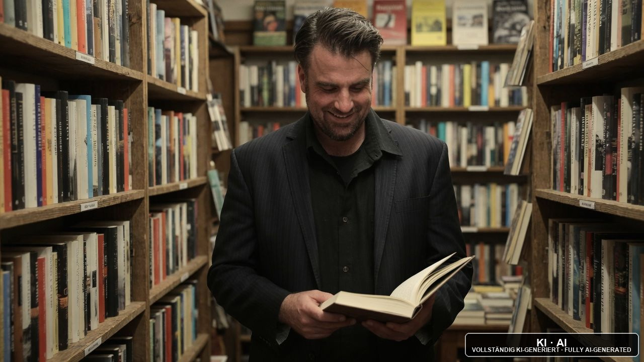 Andreas Ehstand im dunklen Nadelstreifen-Sakko steht in einem schmalen Gang zwischen hohen Holzregalen voller Bücher und liest lächelnd in einem aufgeschlagenen Buch / Andreas Ehstand in a dark pinstripe jacket standing between tall wooden bookshelves, smiling as he reads an open book — KI-Bild / AI image