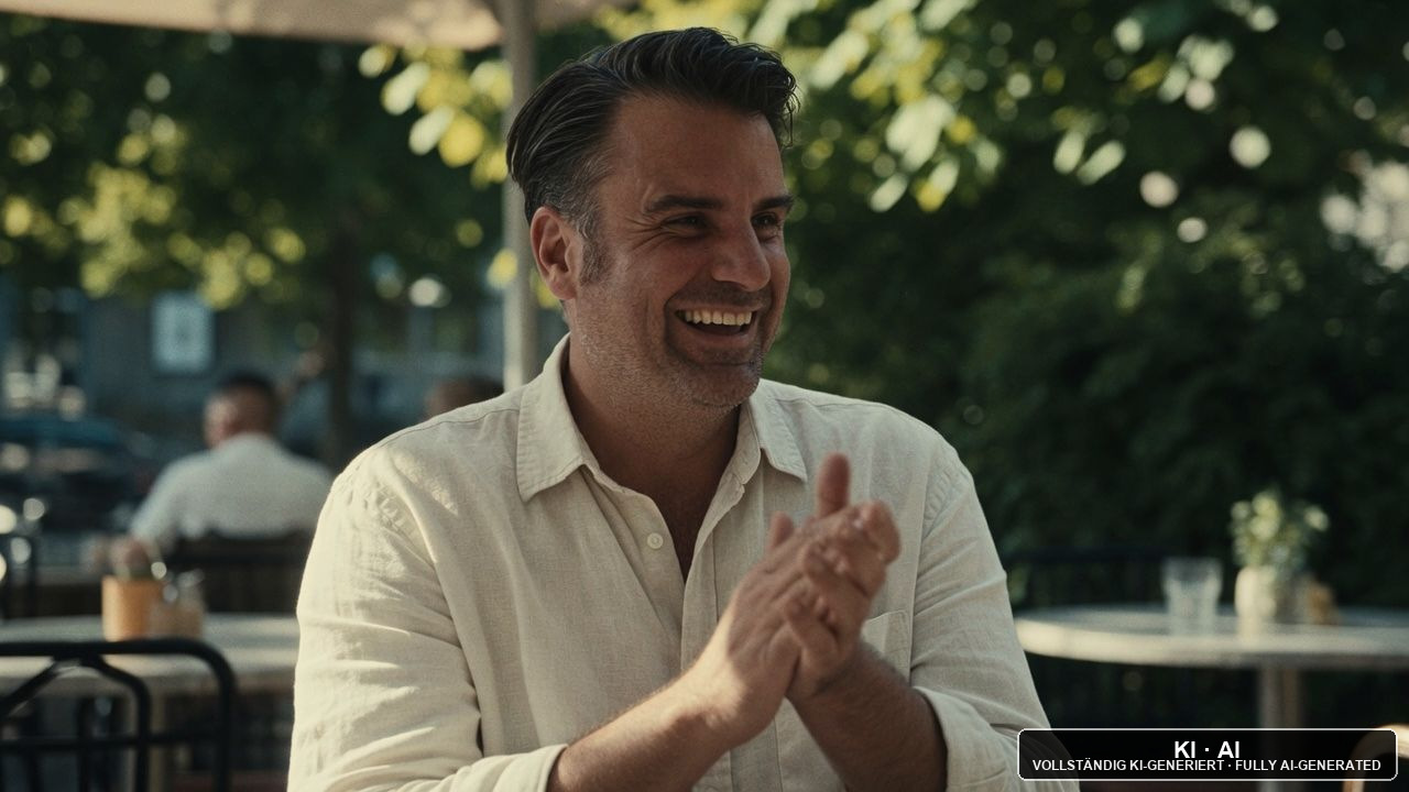 Andreas Ehstand lacht in einem Caf&eacute; / Andreas Ehstand laughing in a caf&eacute; — KI-Bild / AI image