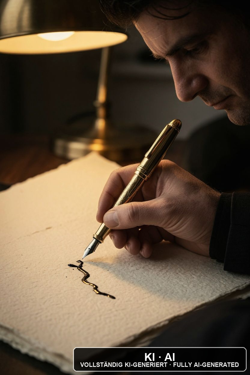 Nahaufnahme einer Hand, die mit einem goldenen Füllfederhalter auf handgeschöpftes Büttenpapier schreibt; im warmen Licht einer Messing-Tischlampe zieht sich eine dunkle Tintenlinie über das Blatt / Close-up of a hand writing with a golden fountain pen on handmade paper; in the warm light of a brass lamp a dark ink line runs across the sheet — KI-Bild / AI image