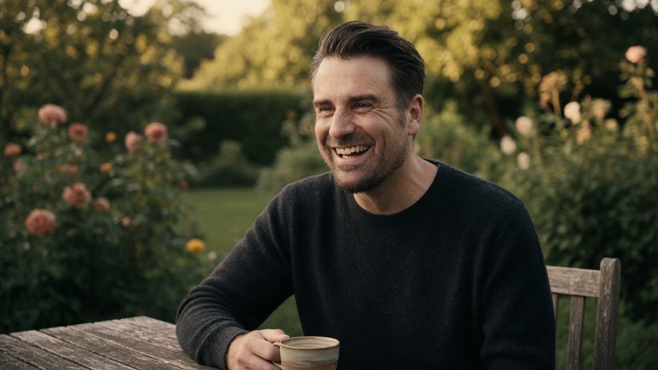 Andreas Ehstand lacht im Garten mit einer Tasse in der Hand