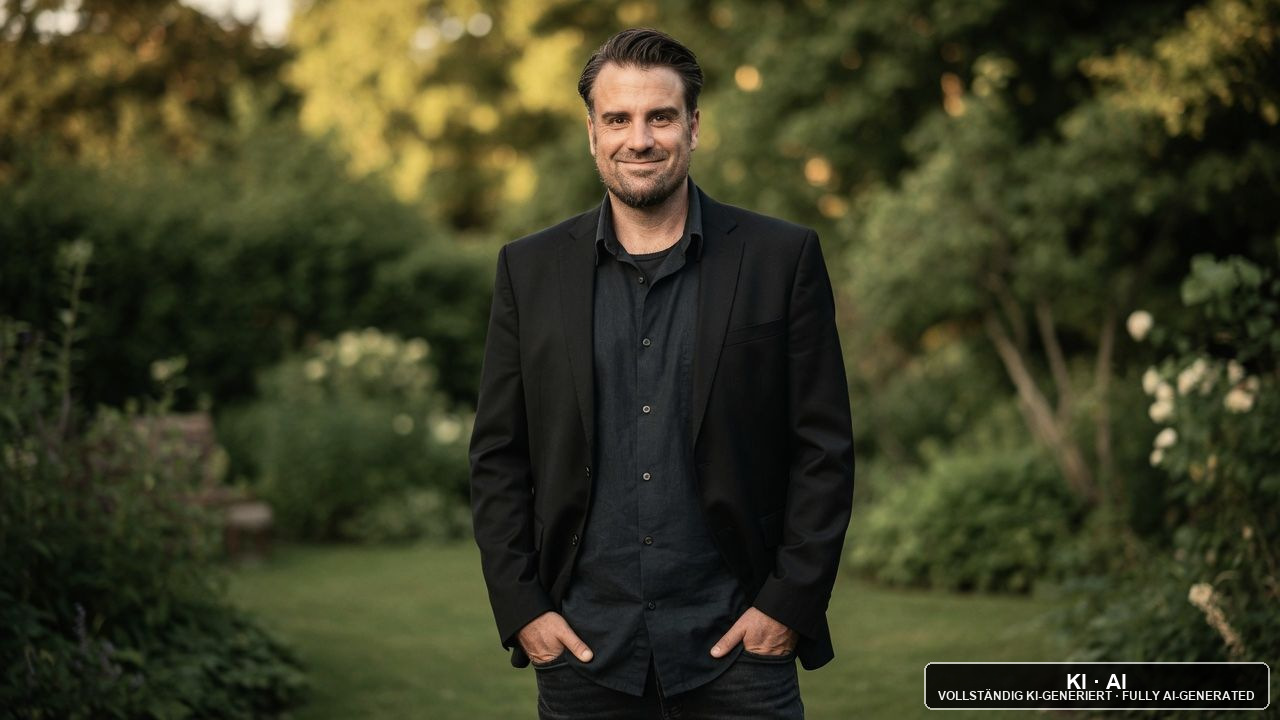 Andreas Ehstand steht mit einem warmen Lächeln in einem Garten / Andreas Ehstand with a warm smile in a garden — KI-Bild / AI image