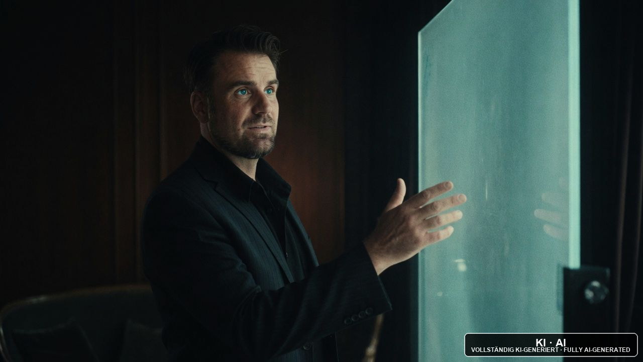 Andreas Ehstand im dunklen Anzug steht in einem holzvertäfelten Raum und deutet mit offener Hand auf eine große, blau beleuchtete Glasscheibe / Andreas Ehstand in a dark suit in a wood-panelled room, gesturing with an open hand towards a large, blue-lit glass panel — KI-Bild / AI image