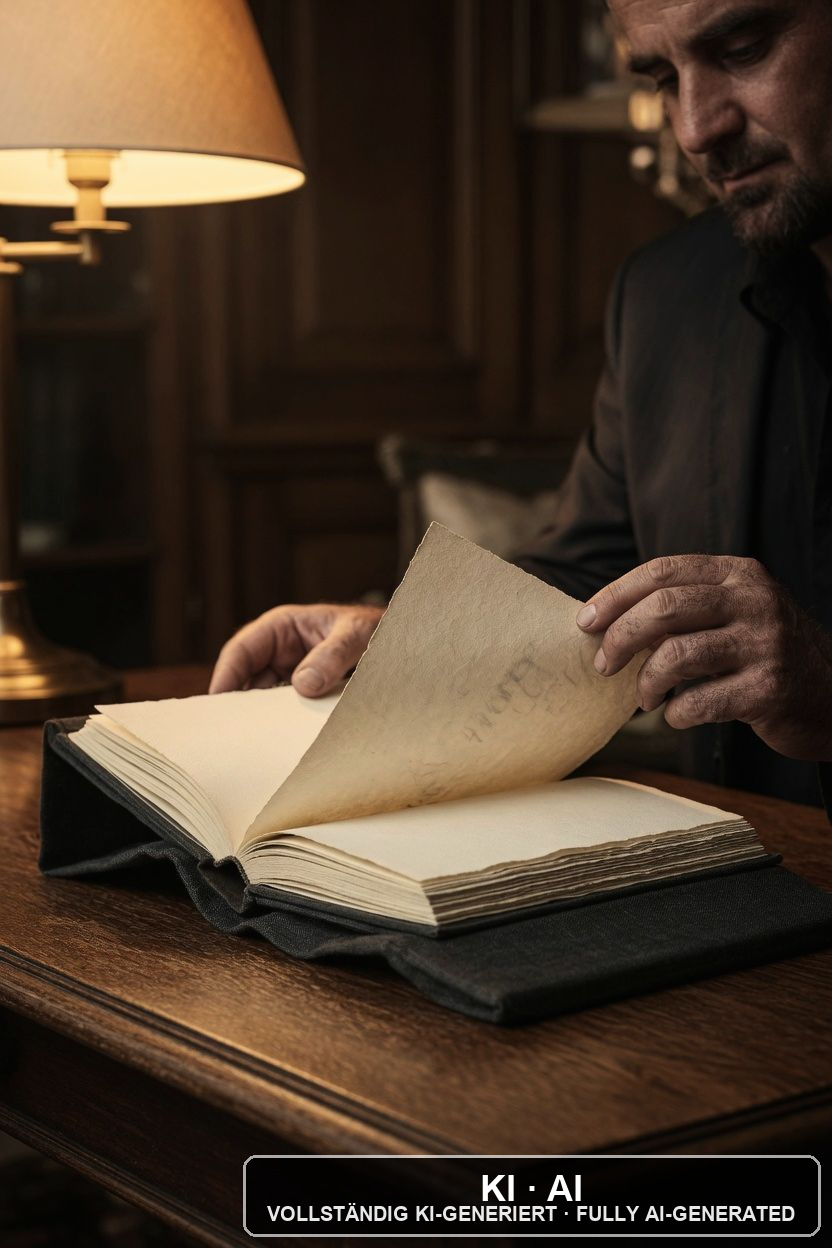 Zwei Hände blättern eine Seite in einem aufgeschlagenen Buch mit dicken, handgeschöpften Blättern um; das Buch liegt auf einem dunklen Tuch auf einem Holztisch, links leuchtet eine Messing-Tischlampe / Two hands turning a page in an open book of thick handmade sheets; the book rests on a dark cloth on a wooden table, a brass lamp glowing on the left — KI-Bild / AI image