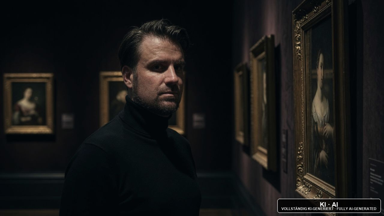 Andreas Ehstand im schwarzen Rollkragenpullover in einem abgedunkelten Museumssaal; an der dunklen Wand neben ihm hängen goldgerahmte Gemälde alter Meister im warmen, gedämpften Licht / Andreas Ehstand in a black turtleneck in a darkened museum hall; gold-framed old-master paintings hang beside him in warm, muted light — KI-Bild / AI image