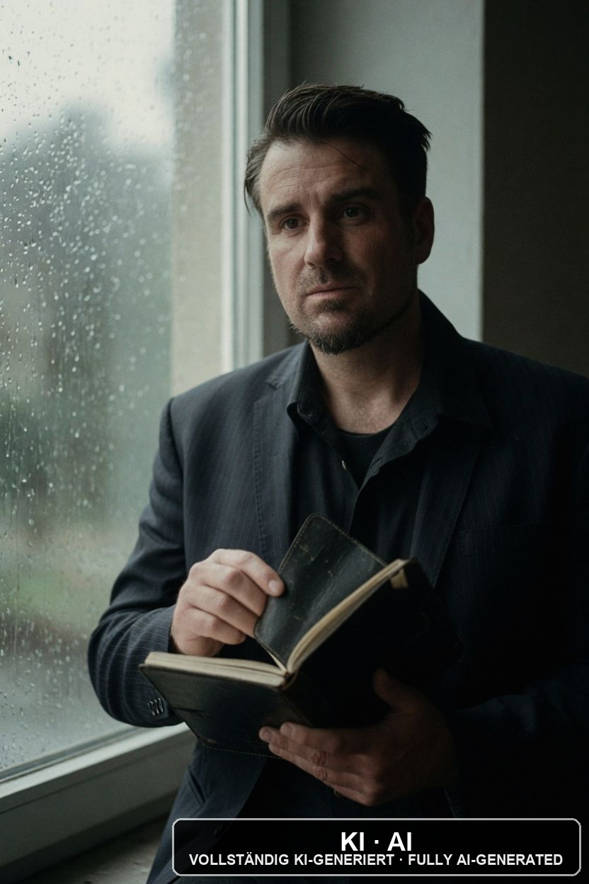 Andreas Ehstand sitzt mit einem Notizbuch am Fenster, draußen fällt Regen / Andreas Ehstand at a window with a notebook, rain falling outside — KI-Bild / AI image