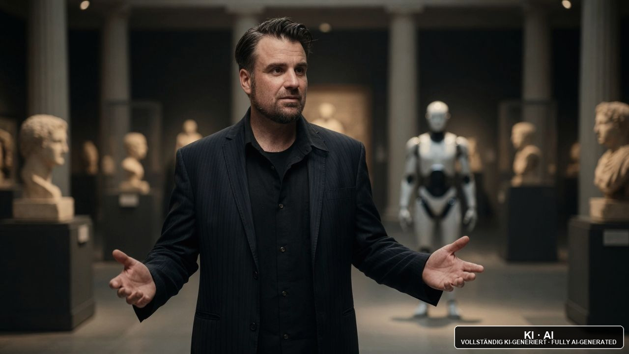 Andreas Ehstand erklärt eine Beobachtung neben einer Roboter-Figur in einem Museum / Andreas Ehstand explaining an observation next to a robot figure in a museum — KI-Bild / AI image
