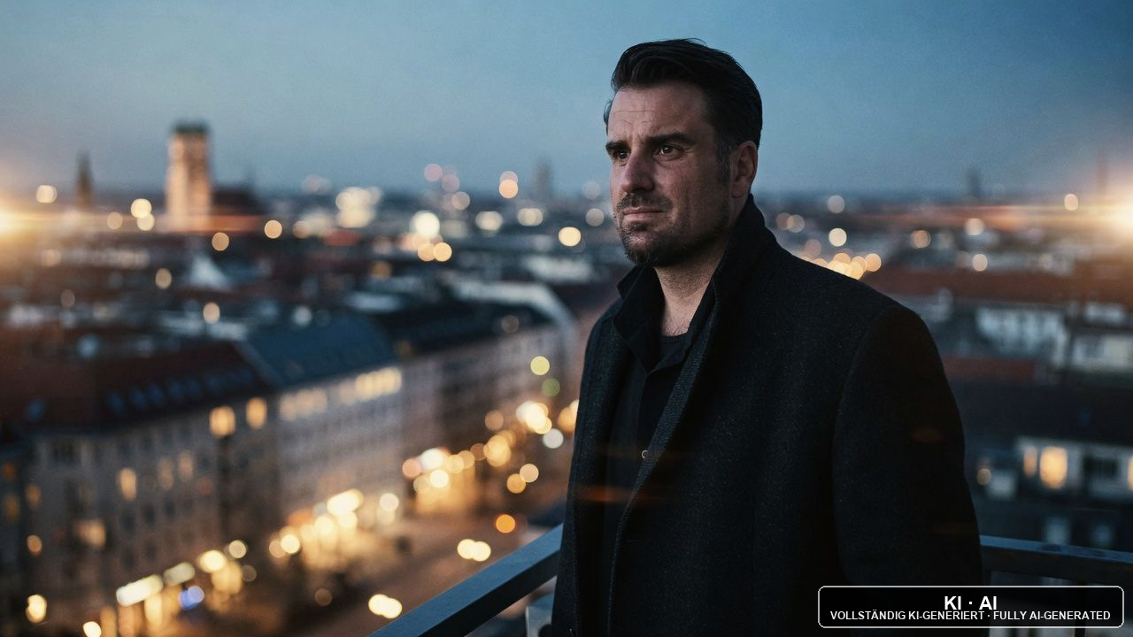 Andreas Ehstand auf einem Balkon mit Blick auf die Stadt am Abend / Andreas Ehstand on a balcony overlooking the city in the evening — KI-Bild / AI image
