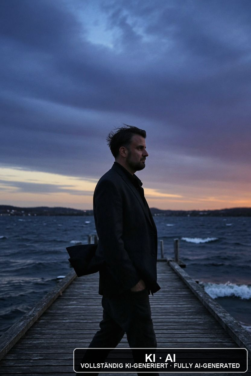 Andreas Ehstand am Steg an einem See in der blauen Stunde / Andreas Ehstand on a jetty by a lake at blue hour — KI-Bild / AI image