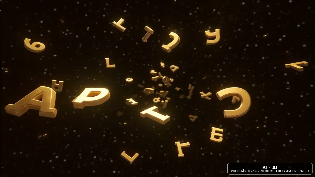 Goldene Buchstaben schweben verstreut durch einen dunklen, sternenartigen Raum / Golden letters drifting through a dark, starlike space